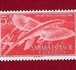 FRANCOBOLLO SAHARA SPAGNOLO 1954 YT 103 ” giornata del francobollo -pesci ” € 0,20 MLH